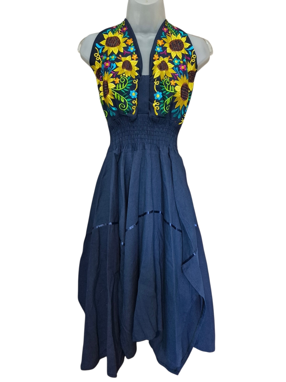 Embroidered Sunflower Halter Navy Handkerchief Midi Dress